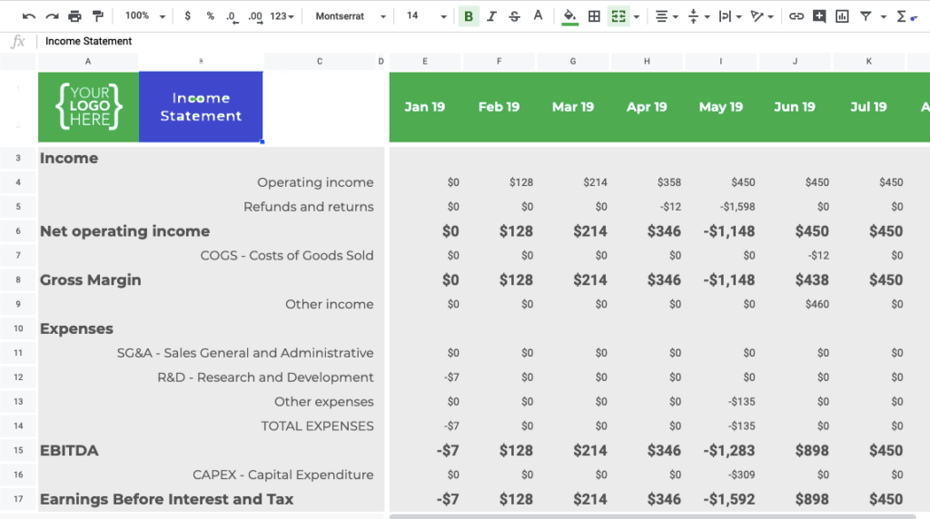 4 income statement template google sheets excel difference between direct cash flow and indirect financial performance summary
